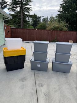 17 Storage Totes/Bins Lot Heavy Duty 27,18,30 Gal