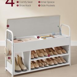 Shoe Bench, Shoe Rack, Entryway Furniture, Inner Storage Under The Lid, Cloud White and Cuppuccino Beige ULSB152W01