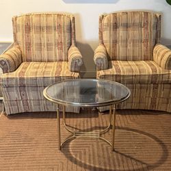 2 Vintage Mid Century Ethan Allen Traditional Classics Tweed Plaid Skirted Tufted Armchairs