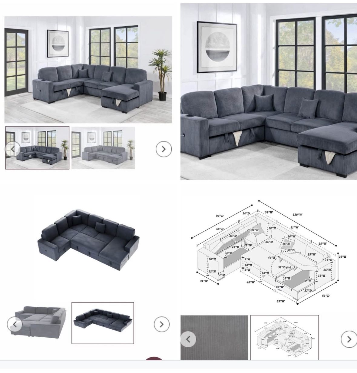 $649-4Piece Convertible Sectional Sleeper Sofa ,Chaise Storage ,Sofa Storage & USB Ports 98” x 103” x 61” x36”H