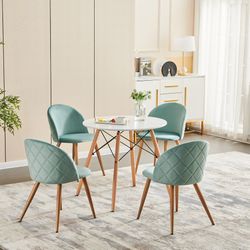 Homy Casa Chad 5PC Dining Set 31.5" Round Matte White Table with 4 Zomba Upholstered Velvet Dining Chairs in Aqua Green