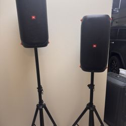 2 jBL PartyBox 110 with Stands And Wireless Microphones 