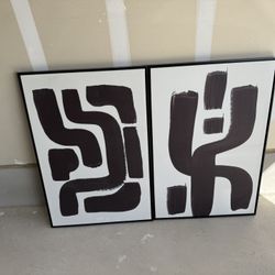Large Modern Abstract Wall Art - Set of 2 - Black & White Framed Prints - Great Condition 