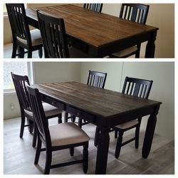 Table /black 4 chairs with grey seat & matching bench