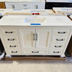 54” Bathroom Vanity in White, single sink soft close solid wood with vanity top in white  $849 