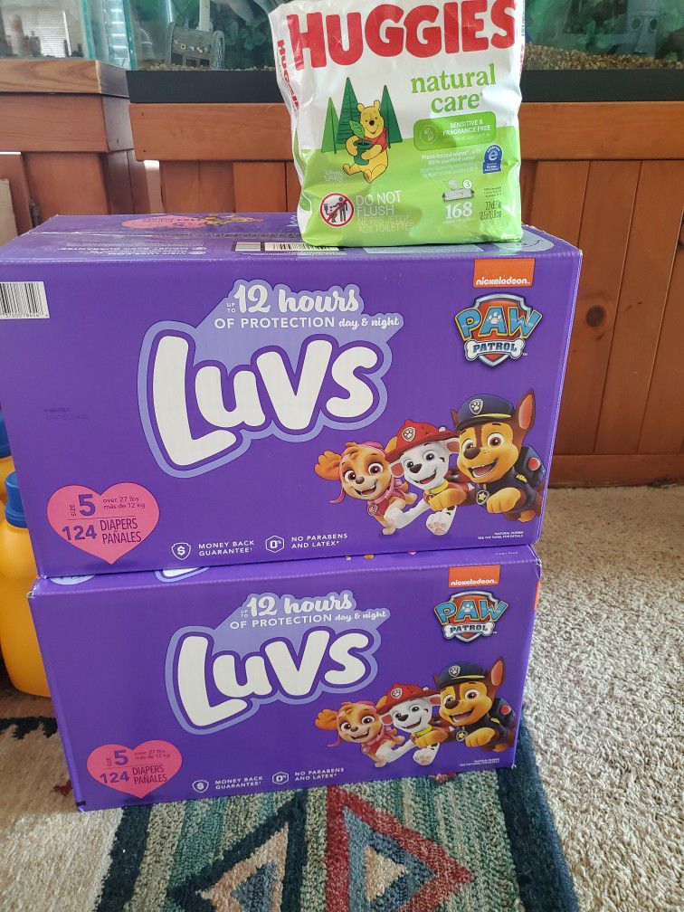 2 Boxes Of LUVS Diapers Size 5 & Huggies Wipes 