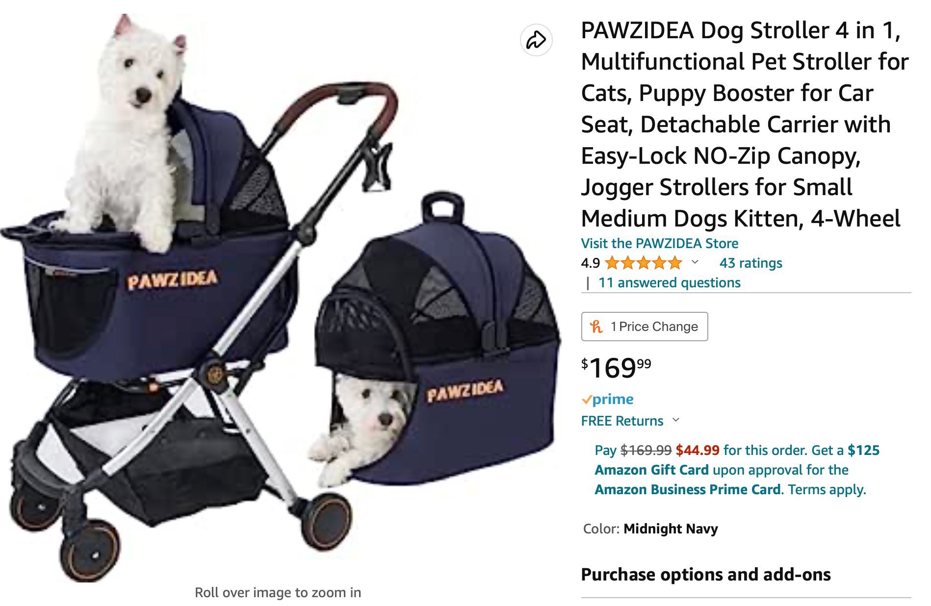 PAWZIDEA Pet Stroller 4 In 1, Cat/Dog Strollers For Small Medium Dogs, Detachable Travel Carrier W/Easy-Lock NO-Zip Canopy, Seatbelt Puppy Booster Car