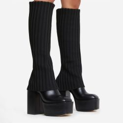 Layered Knit Leather Knee-High Boots Platform 