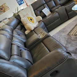 Brown Recliner Sectional W/ 2 Consoles Gel Foam Seats