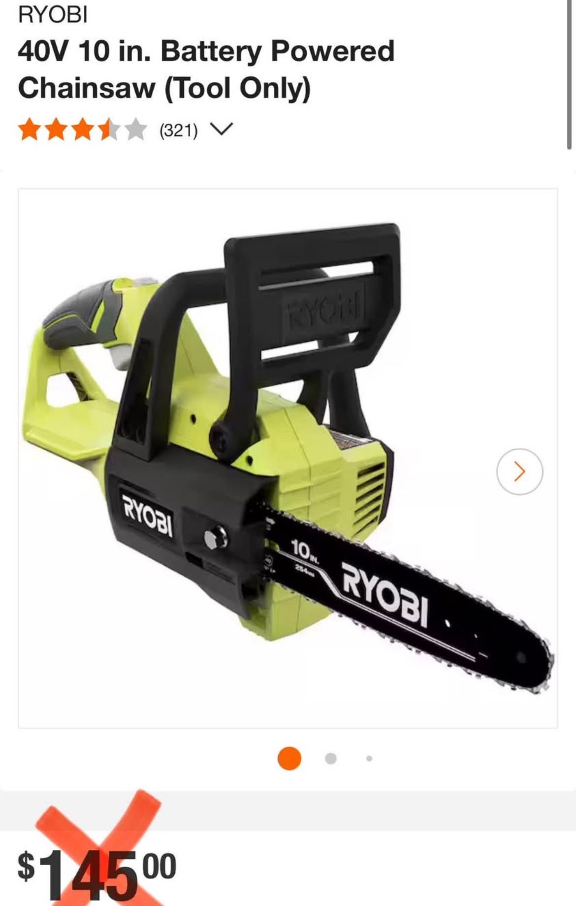 RYOBI 40V 10 in. Battery Powered Chainsaw (Tool Only)