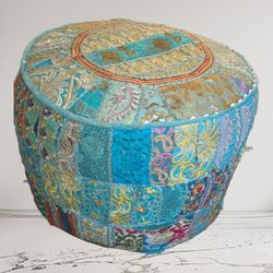 Handmade Indian Patchwork Pouf Ottoman – Blue Teal Embroidered Floor Cushion Boho Decor
