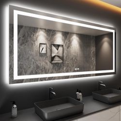 80 x 40 Inch Bathroom Vanity Mirror with Switchable Color LED and Defogger, featuring a Touch Button for easy operation