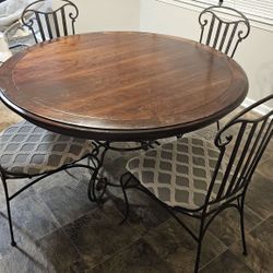 High End Heavy Round Wood & Wrought Iron Dining Table with 4 Matching Upholstered Chairs 