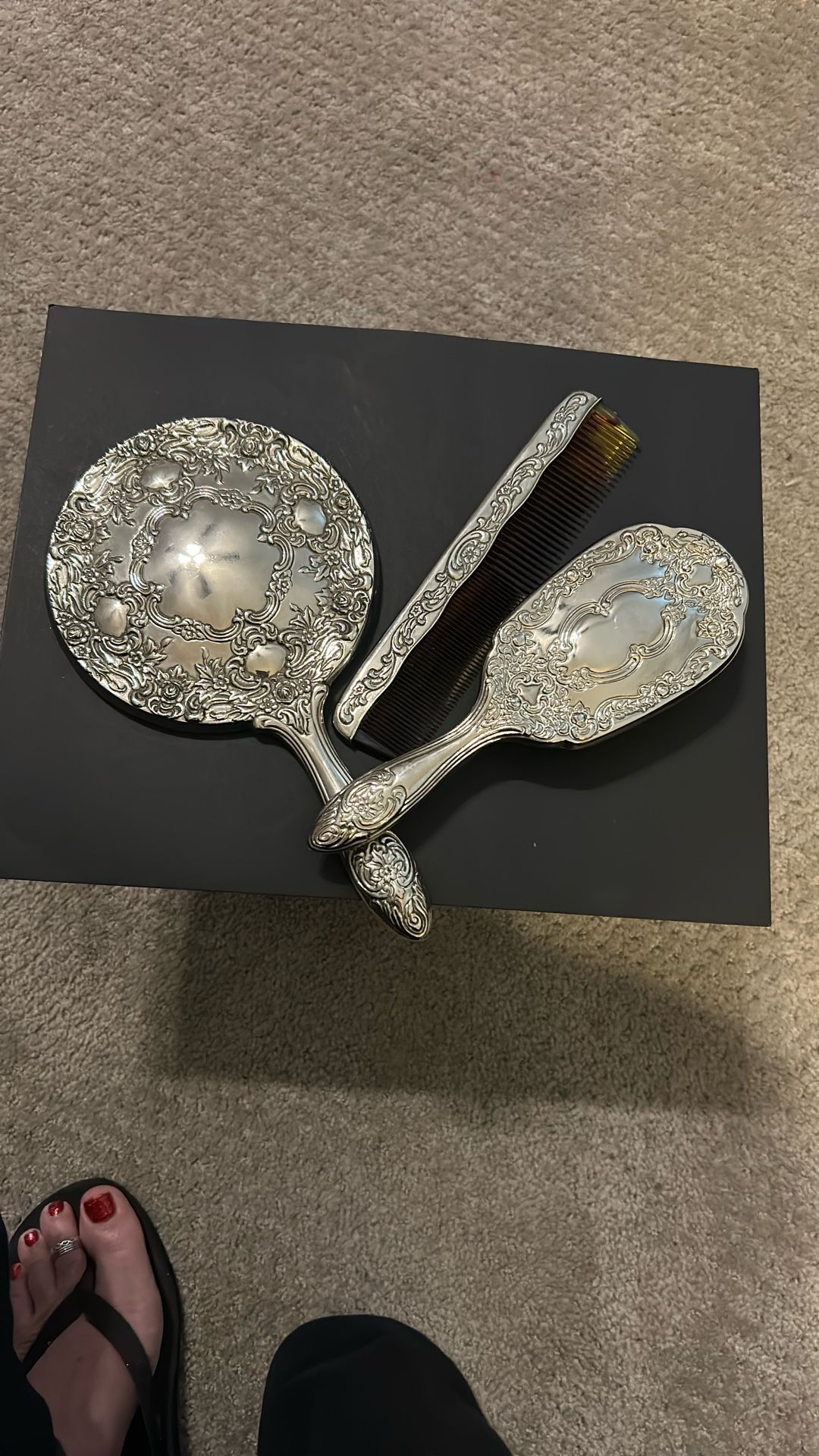 Silver Chrome Vanity Set. Brush Comb Mirror.  