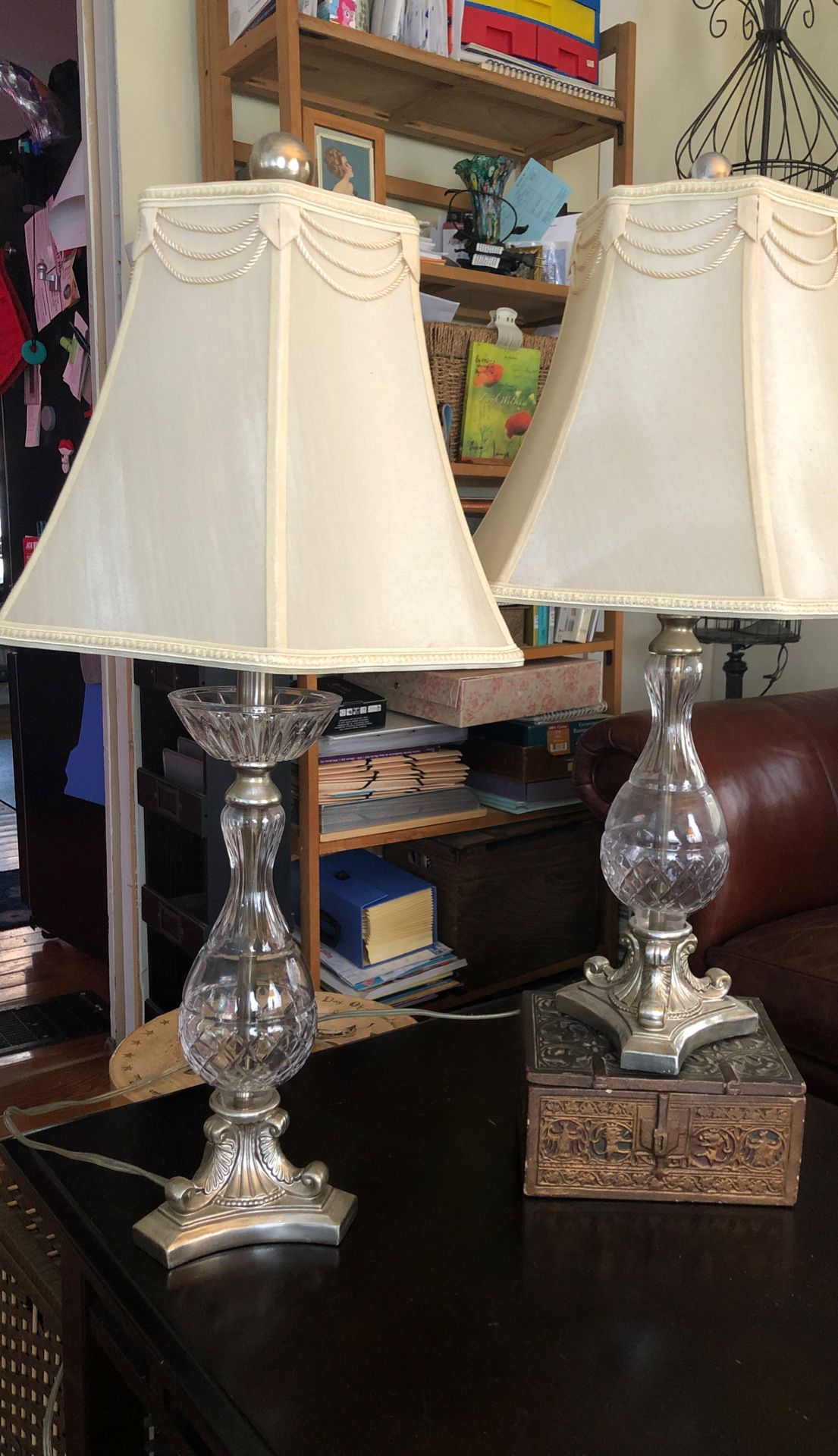 Two glass lamps with shades. , one finial missing