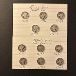 Coins – Mercury Dimes – 90% Silver - 5 Denver Mint and 6 San Francisco Mint – Total 11 Coins 