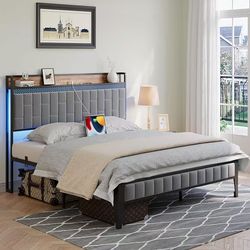 ❤️‍🔥 King Size Bed Frame with LED Light and Charging Station, Upholstered Platform Bed with Storage Headboard, Metal Slat, Noise Free, Easy Assembly,