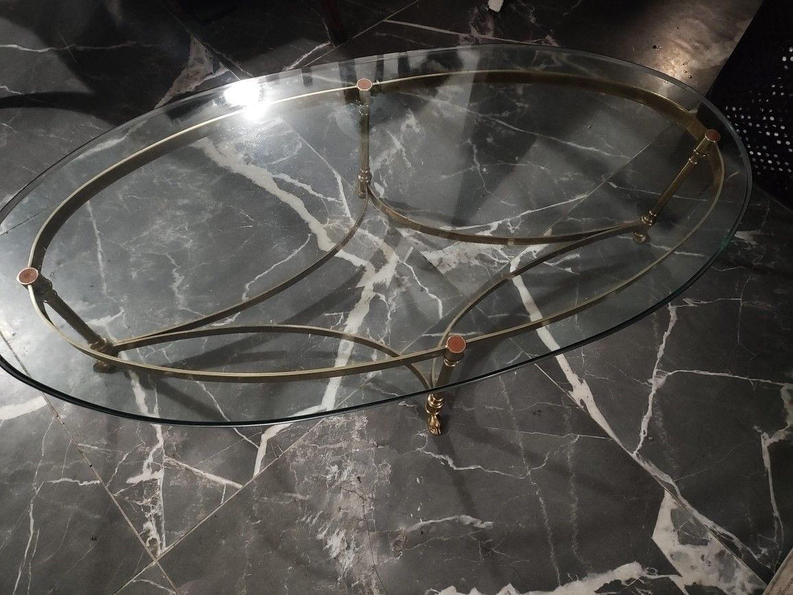 Labarge Glass Oval Coffee Table With Brass Stand