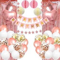Win Change Rose Gold Birthday Party Decorations,Happy Birthday Banner Rose Gold Fringe Curtain Pack of 2,Heart Star Foil Confetti Balloons,Foil Balloo
