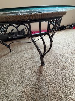 Round Glass Top Wicker and Iron Coffee Table