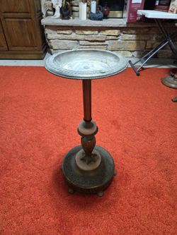 Vintage brass and marble pedestal smoking stand, likely from the 1920s to the 1940s.