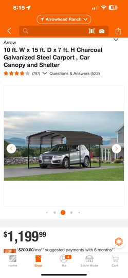 Arrow 10 ft. W x 15 ft. D x 7 ft. H Charcoal Galvanized Steel Carport, Car Canopy and Shelter