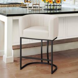 Siska 26 in.Modern Beige Fabric Upholstered Counter Stool with Black Metal Frame Barrel Counter Bar Stool 