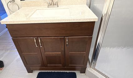 Master Bathroom 37” Wide Vanity Dark Wood With Faucet (earliest pick-up December 10)