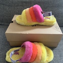 UGG Fluff Yeah Slide Yellow Rainbow' SZ. 6