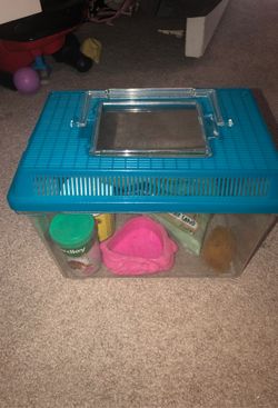 Hermit crab cage, food, water dish, extra shell, sand and sponge