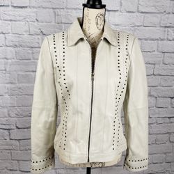 John Paul Richard White Lamb Leather Jacket Studs Cream Size Medium Retro FLAW