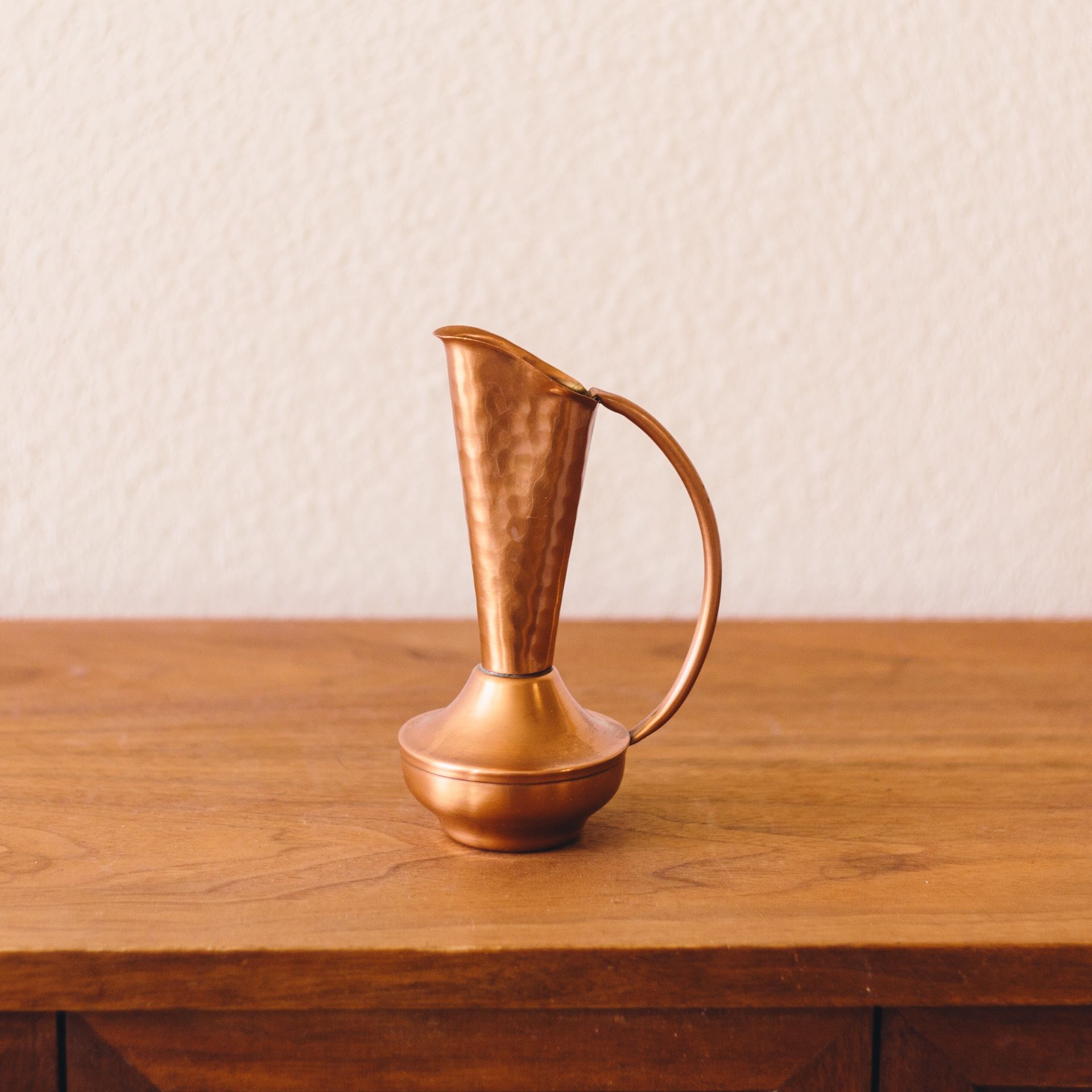 Vintage Small Solid Copper Pitcher Gregorian Copper Hammered Engraved #602 Made in USA Mid Century Modern
