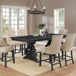 Counter Height Dining Table Set - Dark Grey Wood Dining Table & Beige Chairs 