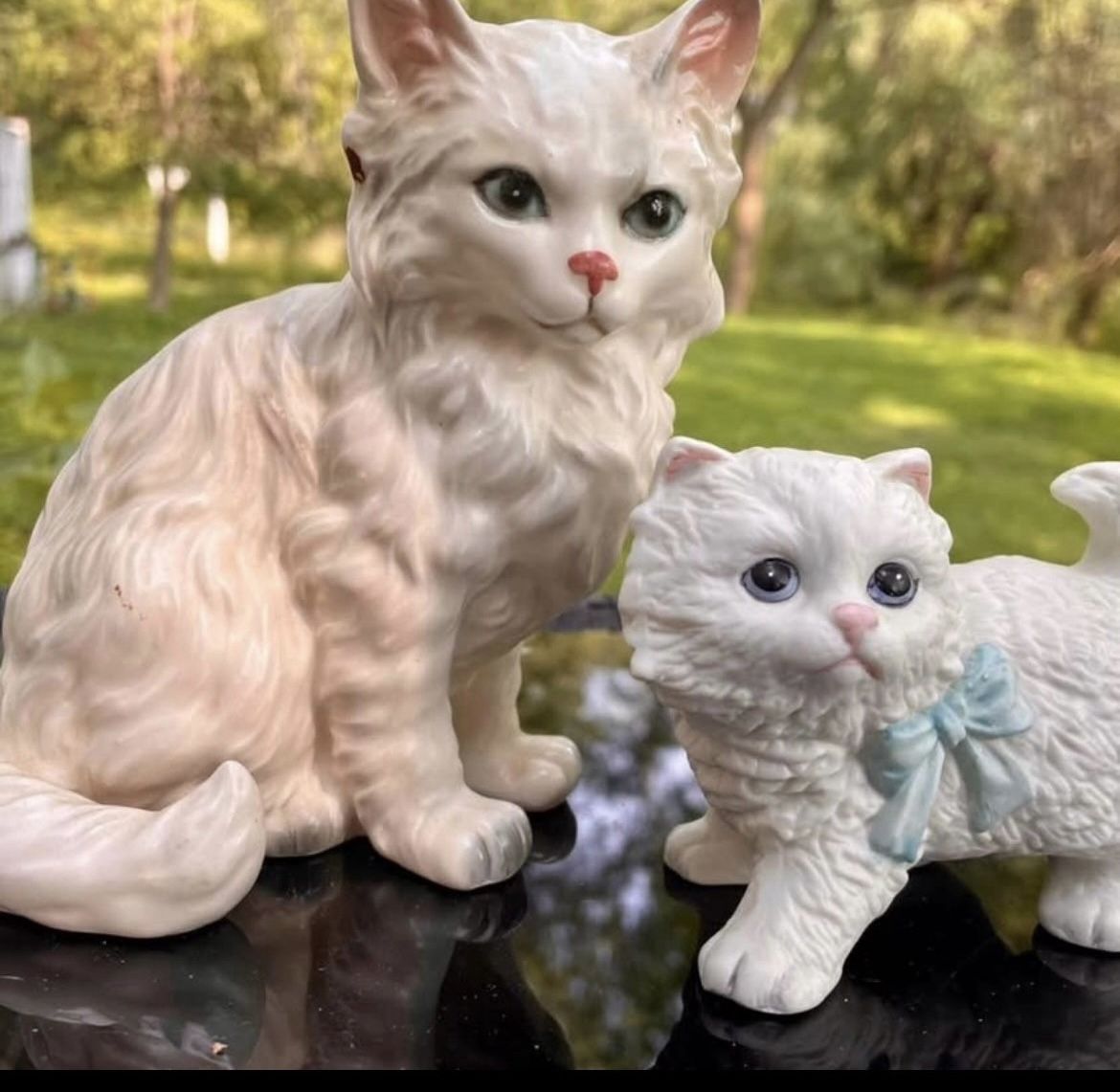 Homeco Vintage Porcelain Cat Pair Fluffy White Blue Eyes Persian Figurine Small