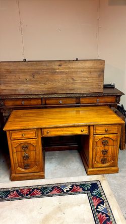 Antique Wood Pedestal Desk with Drawers