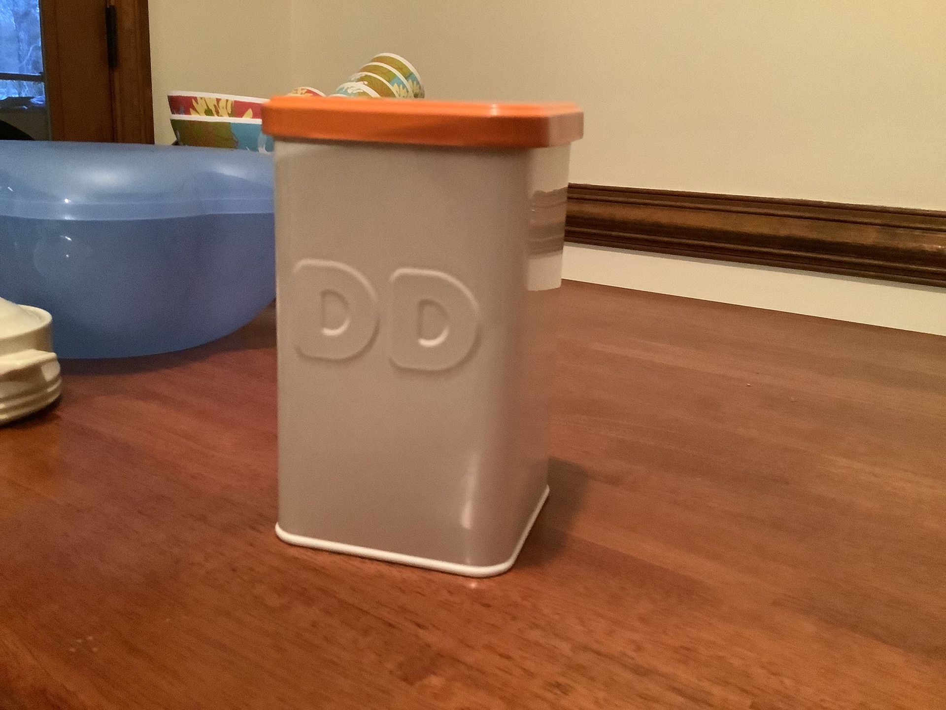 Dunkin Donuts White Metal Canister With Orange Lid Rare Find  Great Condition