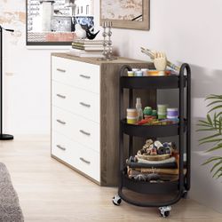 Like New Round Rolling Side Table Cart, 3 Tier Metal Utility, 60 lb Heavy Duty, 15″ Diameter, Lockable 360° Caster