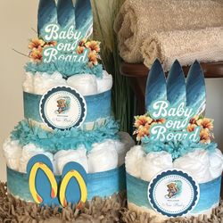 BABY ON BOARD Surf’s Up baby shower diaper cakes