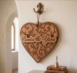 Personalized Couple Name Wooden Heart Wall Hanging - 3D Laser Cut Decor