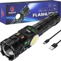 Rechargeable Flashlights High Lumens 10000 Long Distance, Super Bright LED Flash Light Long Lasting USB C LCD Display, Double Light Source & Buttons w