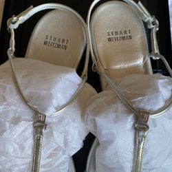 Designer Stuart Weitzman Silver Leather Sandals Size 8