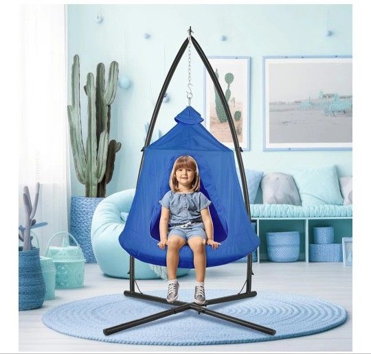 Hammock X-Stand w/Tree Tent, Indoor Metal Swing Chair w/Play Tent, Outdoor Egg Basket Patio Seat, Porch Bedroom Balcony Chair w/Adjustable Solid Stand