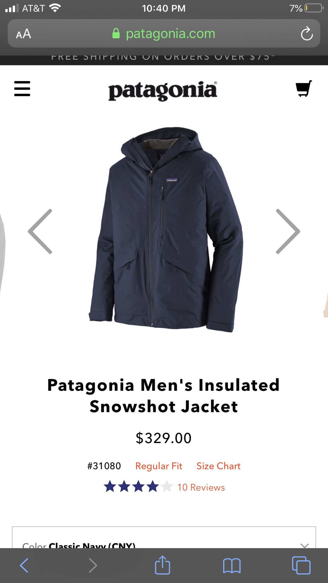Patagonia men’s Snowshot Insulated Jacket. Color: (NAVY)