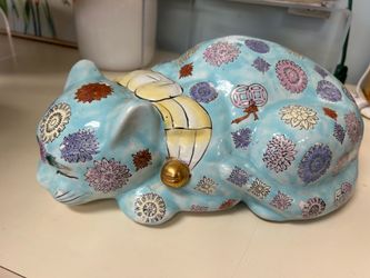 Vintage Chinese blue ceramic sleeping cat statue