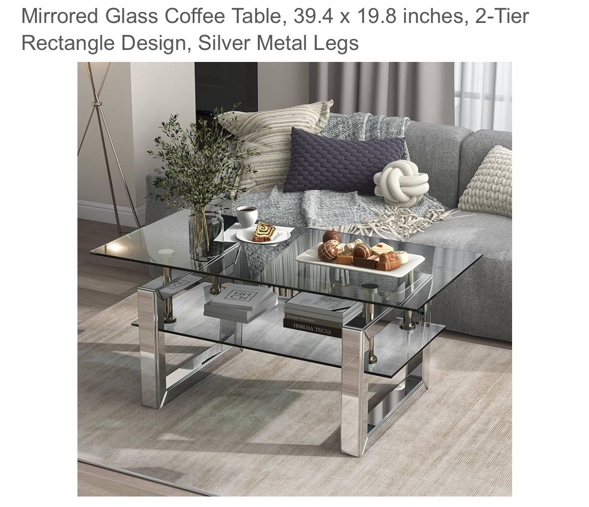 Mirrored Glass Coffee Table, 39.4 x 19.8 inches, 2-Tier Rectangle Design, Silver Metal Legs