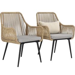 Patio Dining Chairs, Outdoor Dining Chairs with Armrest & Cushion Set of 4 , All-Weather Woven Twisted Wicker Rattan Chair, Modern Indoor Outdoor Seat