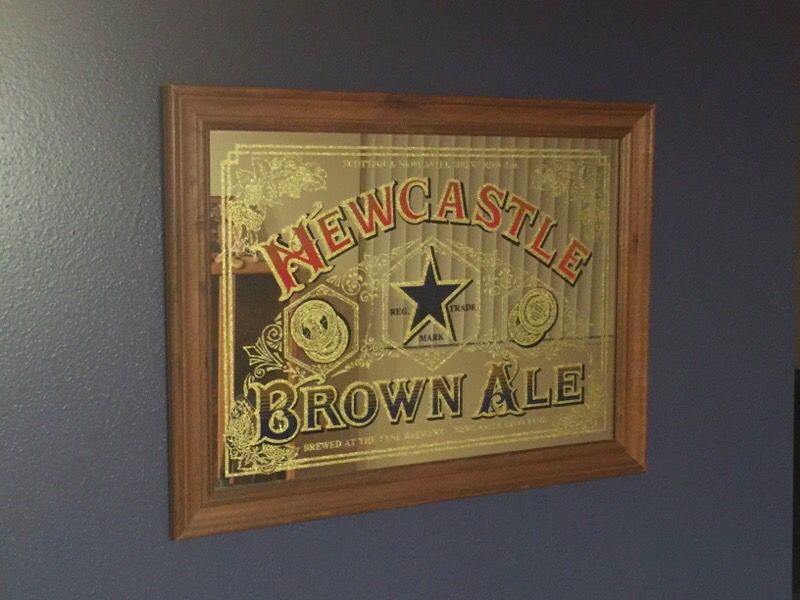 New Castle brown ale glass mirror decorative bar sign wood frame