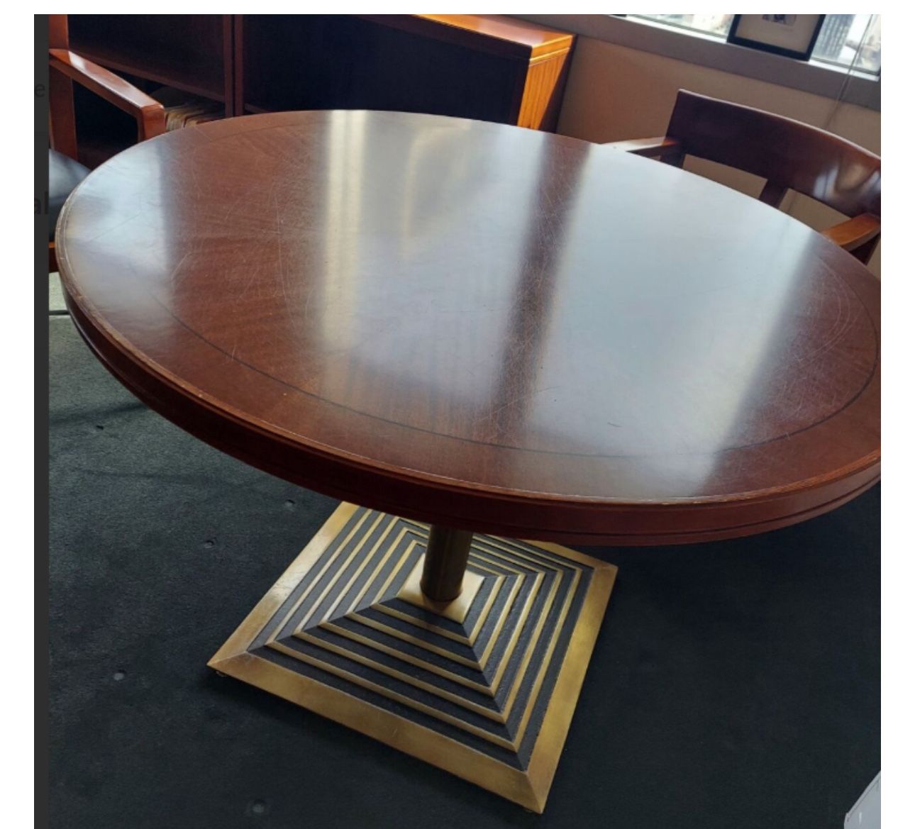Wood Table With Steel Base & 3 Wood & Leather Chairs