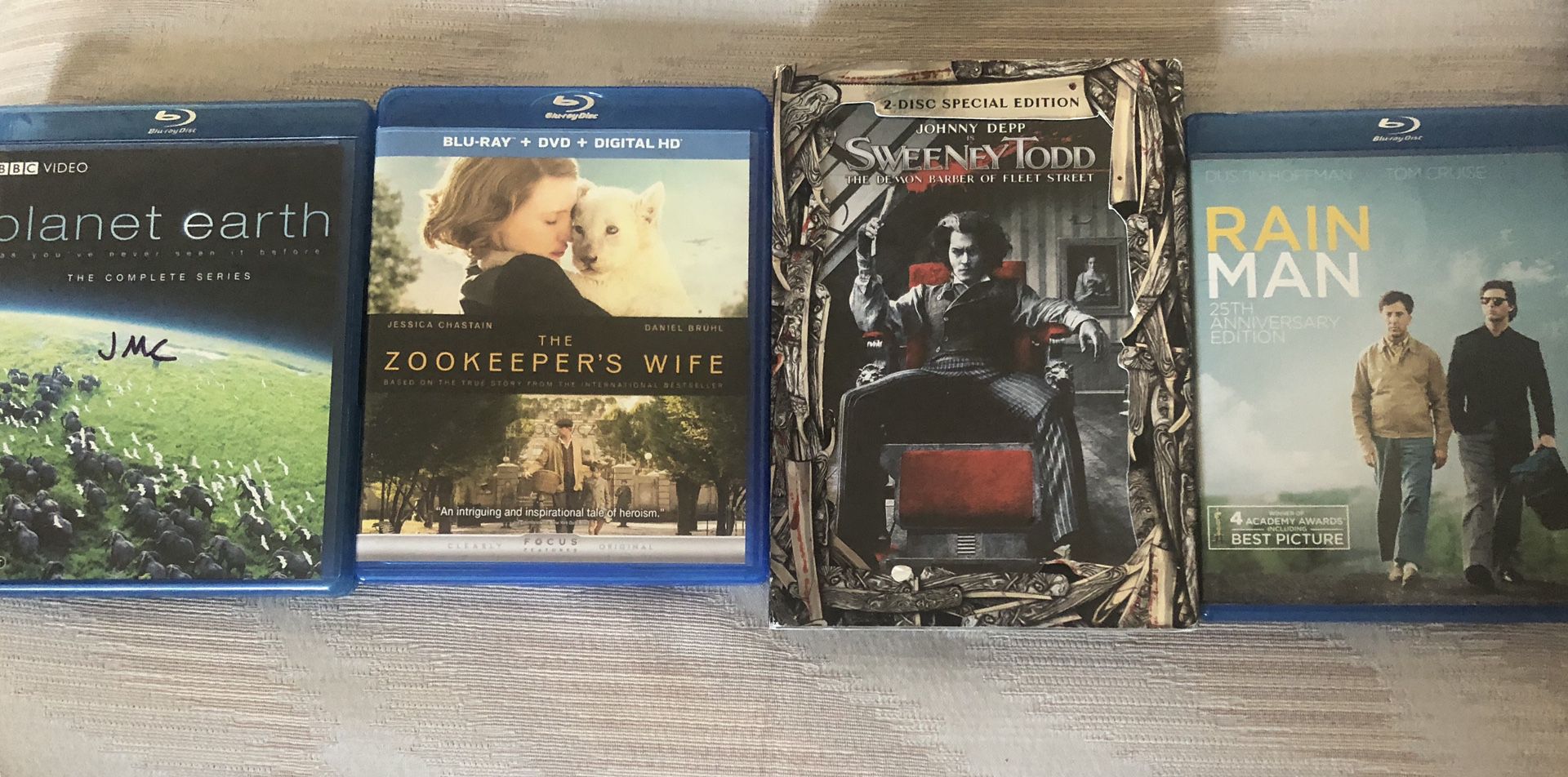 Planet Earth, Zookeepers wife, Sweeney Todd and rain man Blu-Ray/DVD