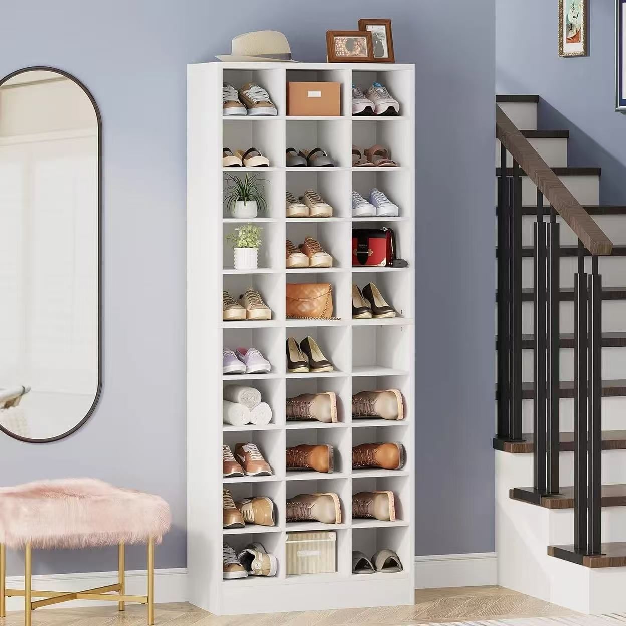 10-Tier Shoe Storage Cabinet White Wooden Shoe Rack with 30 Cubbies $130